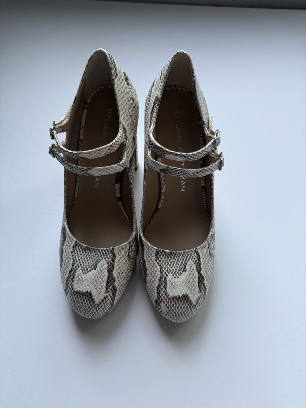 Stuart Weitzman Snake-Print Double-Strap Pumps in Beige and Brown